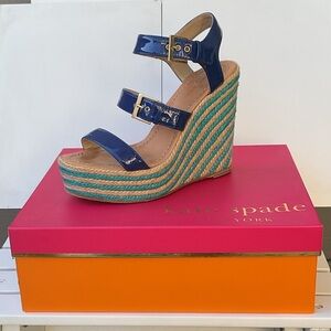 kate spade new york Navy Patent “Lucie” Espadrille Wedge Sandals